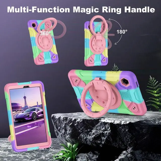 Alt view image 3 of 5 - DreamerX for Samsung Galaxy Tab A11/Tab A9 8.7-Inch 2025/2023 Kids Case with Strap, Heavy Duty Shockproof Silicone Girls Girly Cute Cover w/ 360 Rotating Handle Stand Shoulder Strap, Purple/Colorful