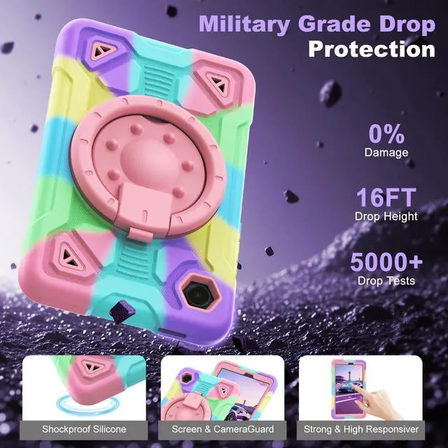Alt view image 5 of 5 - DreamerX for Samsung Galaxy Tab A11/Tab A9 8.7-Inch 2025/2023 Kids Case with Strap, Heavy Duty Shockproof Silicone Girls Girly Cute Cover w/ 360 Rotating Handle Stand Shoulder Strap, Purple/Colorful