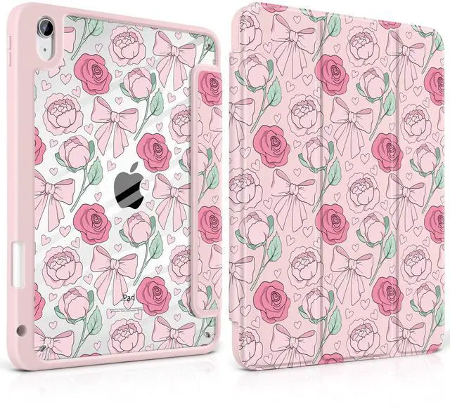 Main image of MEEgoodo Case for iPad A16 11th Generation 11 inch 2025/10th Gen 10.9 inch 2022, Cover with Transparent Acrylic Back Shell,Tablet Case with Pencil Holder+Auto Wake/Sleep+ Stand, Pink Peony & Bow