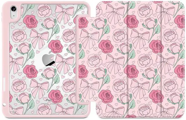 Alt view image 2 of 5 - MEEgoodo Case for iPad A16 11th Generation 11 inch 2025/10th Gen 10.9 inch 2022, Cover with Transparent Acrylic Back Shell,Tablet Case with Pencil Holder+Auto Wake/Sleep+ Stand, Pink Peony & Bow