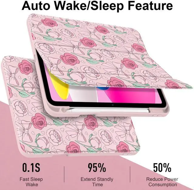 Alt view image 3 of 5 - MEEgoodo Case for iPad A16 11th Generation 11 inch 2025/10th Gen 10.9 inch 2022, Cover with Transparent Acrylic Back Shell,Tablet Case with Pencil Holder+Auto Wake/Sleep+ Stand, Pink Peony & Bow