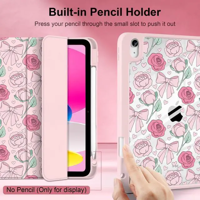Alt view image 4 of 5 - MEEgoodo Case for iPad A16 11th Generation 11 inch 2025/10th Gen 10.9 inch 2022, Cover with Transparent Acrylic Back Shell,Tablet Case with Pencil Holder+Auto Wake/Sleep+ Stand, Pink Peony & Bow