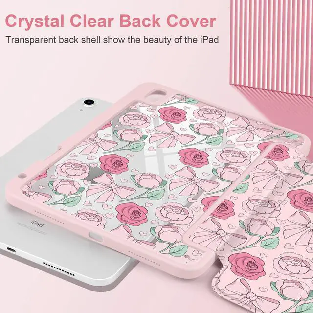 Alt view image 5 of 5 - MEEgoodo Case for iPad A16 11th Generation 11 inch 2025/10th Gen 10.9 inch 2022, Cover with Transparent Acrylic Back Shell,Tablet Case with Pencil Holder+Auto Wake/Sleep+ Stand, Pink Peony & Bow