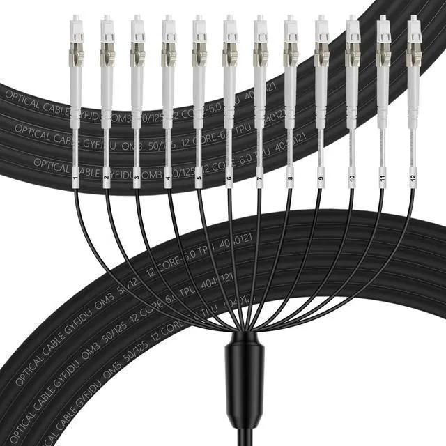 Main image of FLYPROFiber- 12 Fiber Industrial TPU OM3 LC to LC Outdoor Armored Fiber Optic Cable, OM3 Fiber 12 Strands Multimode Fiber Patch Cable 10GB/40GB, Direct Burial 50/125um, OD-5mm,100m/328ft