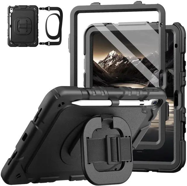 Main image of Grifobes for iPad A16 11th/10th Generation Case 2025/2022, for 11 Inch/10.9 Inch iPad Case Cover with Screen Protector, 360Rotate Stand, Hand & Shoulder Strap, Pencil Holder, Black