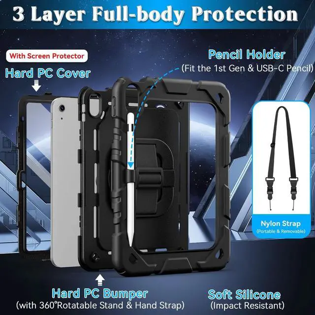 Alt view image 3 of 5 - Grifobes for iPad A16 11th/10th Generation Case 2025/2022, for 11 Inch/10.9 Inch iPad Case Cover with Screen Protector, 360Rotate Stand, Hand & Shoulder Strap, Pencil Holder, Black