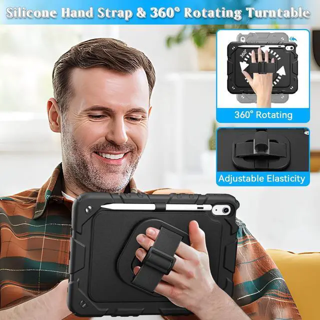 Alt view image 4 of 5 - Grifobes for iPad A16 11th/10th Generation Case 2025/2022, for 11 Inch/10.9 Inch iPad Case Cover with Screen Protector, 360Rotate Stand, Hand & Shoulder Strap, Pencil Holder, Black