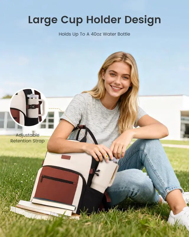 Alt view image 2 of 5 - LOVEVOOK Laptop Backpack for Women - Stylish Work Backpack with Large Cup Holder, Waterproof College Teacher Backpack, Beige-Brown, 17Inch