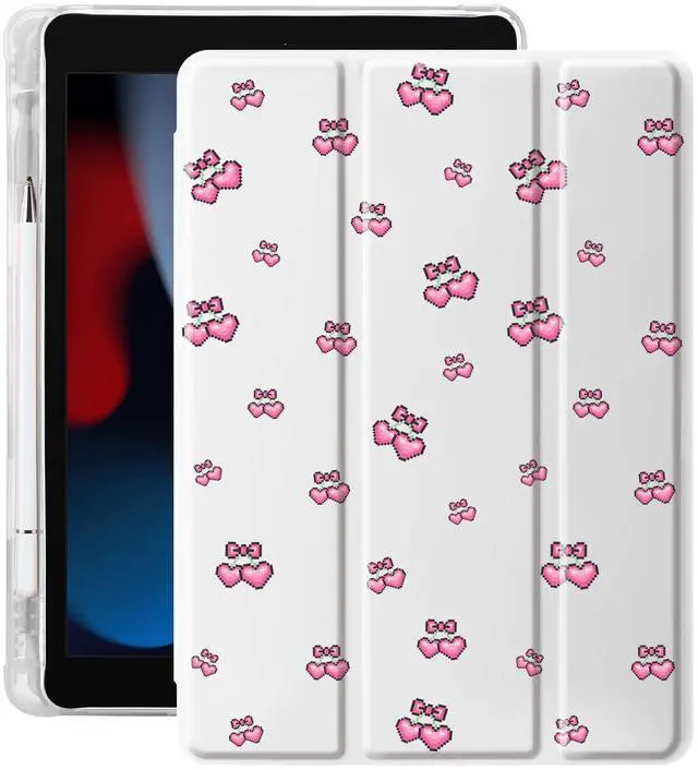 Main image of Idocolors Case for iPad 7th/8th/9th Generation (2019/2020/2021) 10.2", Built-in Pencil Holder with Soft TPU Shockproof Back Shell Auto Wake/Sleep, Cherry-White