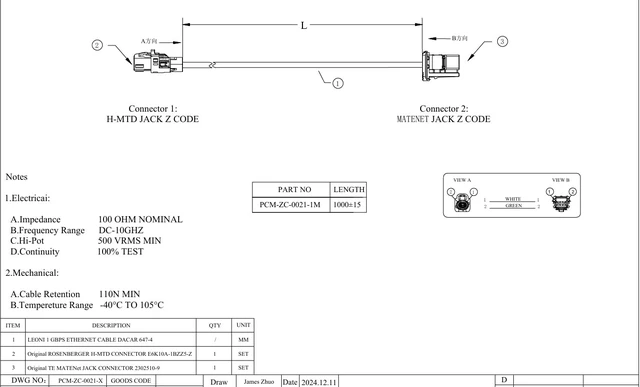 Alt view image 5 of 5 - Original Rosenberger H-MTD Female to TE MATEnet Female Automotive Ethernet Cable 1Gbps E6K10A-1BZZ5-Z to 2302510-9 Shielded Connector 100/1000BASE-T1 for ADAS Camera, ECU, IVI Networking(1M/3.28FT)