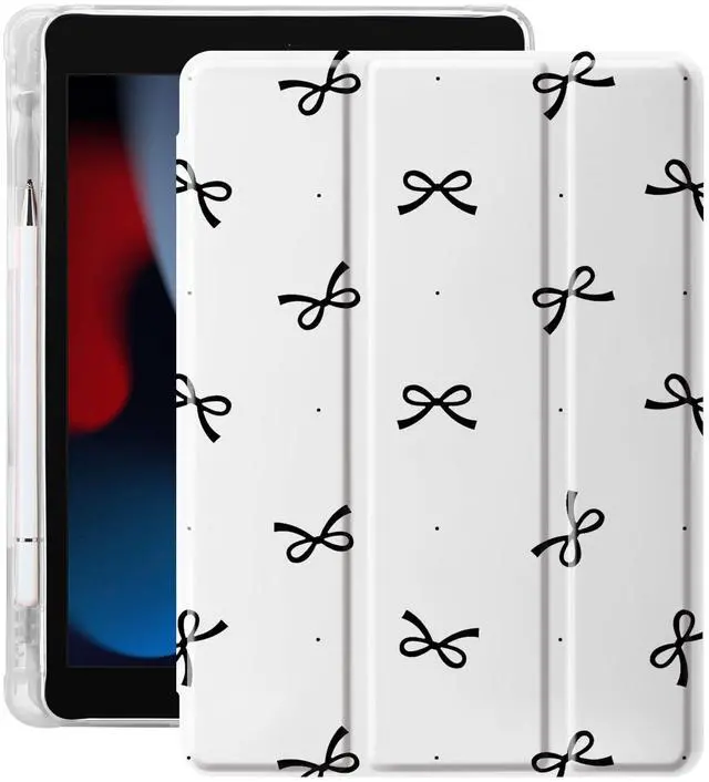Main image of Idocolors Case for iPad 7th/8th/9th Generation (2019/2020/2021) 10.2", Built-in Pencil Holder with Soft TPU Shockproof Back Shell Auto Wake/Sleep, Black Bow-White