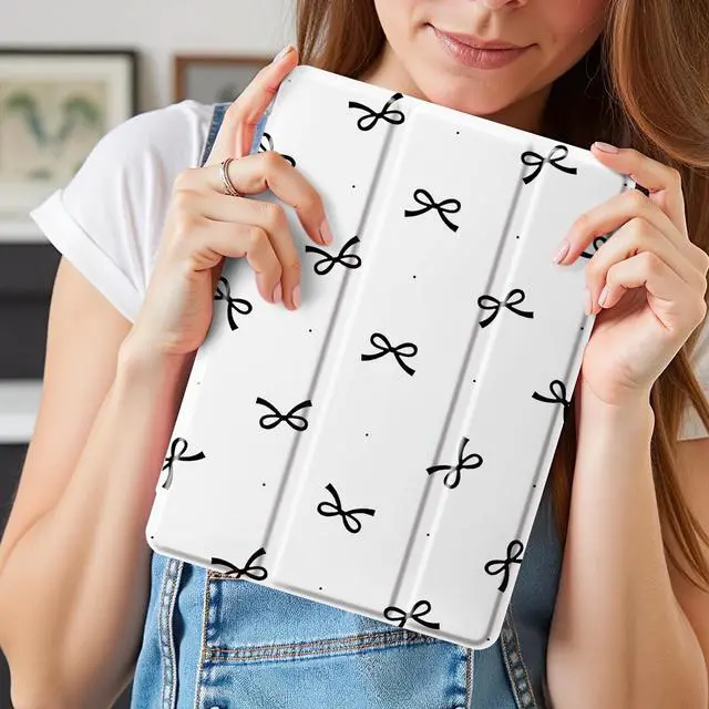 Alt view image 3 of 5 - Idocolors Case for iPad 7th/8th/9th Generation (2019/2020/2021) 10.2", Built-in Pencil Holder with Soft TPU Shockproof Back Shell Auto Wake/Sleep, Black Bow-White