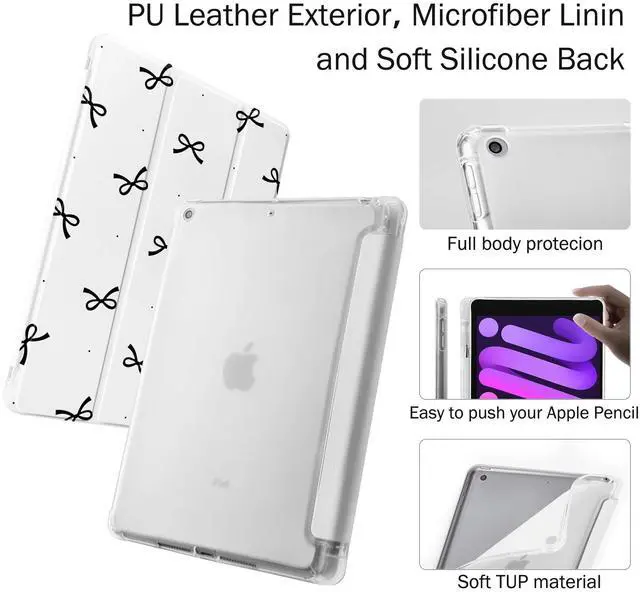 Alt view image 5 of 5 - Idocolors Case for iPad 7th/8th/9th Generation (2019/2020/2021) 10.2", Built-in Pencil Holder with Soft TPU Shockproof Back Shell Auto Wake/Sleep, Black Bow-White