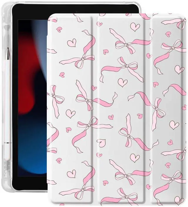 Main image of Idocolors Case for iPad 11 inch (A16 Chip) 2025 Generation 11th / iPad 10.9 inch 2022 10th Gen, Built-in Pencil Holder with Soft TPU Shockproof Back Shell Auto Wake/Sleep, Pink Bow-White