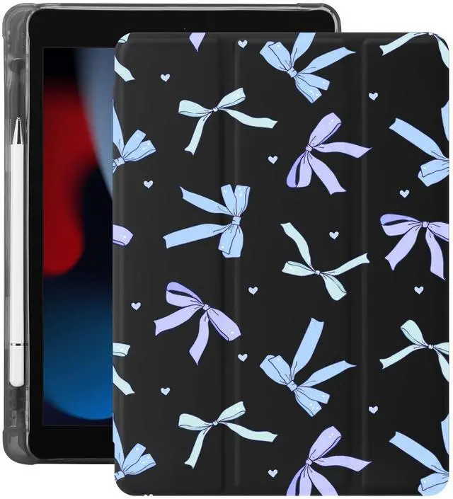 Main image of Idocolors Case for iPad 11 inch (A16 Chip) 2025 Generation 11th / iPad 10.9 inch 2022 10th Gen, Built-in Pencil Holder with Soft TPU Shockproof Back Shell Auto Wake/Sleep, Blue Bow-Black
