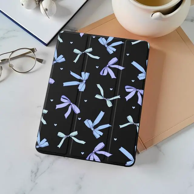 Alt view image 2 of 5 - Idocolors Case for iPad 11 inch (A16 Chip) 2025 Generation 11th / iPad 10.9 inch 2022 10th Gen, Built-in Pencil Holder with Soft TPU Shockproof Back Shell Auto Wake/Sleep, Blue Bow-Black