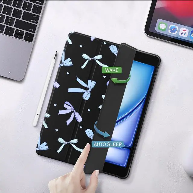 Alt view image 4 of 5 - Idocolors Case for iPad 11 inch (A16 Chip) 2025 Generation 11th / iPad 10.9 inch 2022 10th Gen, Built-in Pencil Holder with Soft TPU Shockproof Back Shell Auto Wake/Sleep, Blue Bow-Black