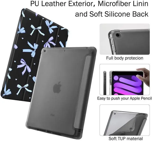 Alt view image 5 of 5 - Idocolors Case for iPad 11 inch (A16 Chip) 2025 Generation 11th / iPad 10.9 inch 2022 10th Gen, Built-in Pencil Holder with Soft TPU Shockproof Back Shell Auto Wake/Sleep, Blue Bow-Black