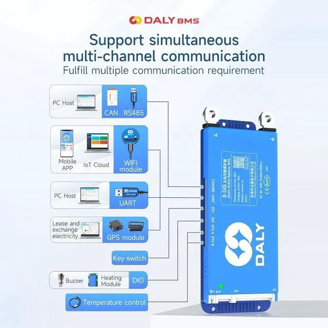 Alt view image 3 of 5 - DALY 100A 8S-17S 24V-60V Smart BMS with 1A Active Balancer and Build-in Bluetooth RS485 CAN for Lithium Battery NCM/LFP/LTO Pack