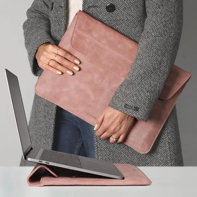 Main image of DAREhue 13" 14" 15" 16" Genuine Full Grain Leather Laptop Sleeve with Built-in Stand & Padding (Fits MacBook Air/Pro & Other 13.3/13.6/14.2/15.6 inch Laptops) (Rose Pink, 15 - 16)