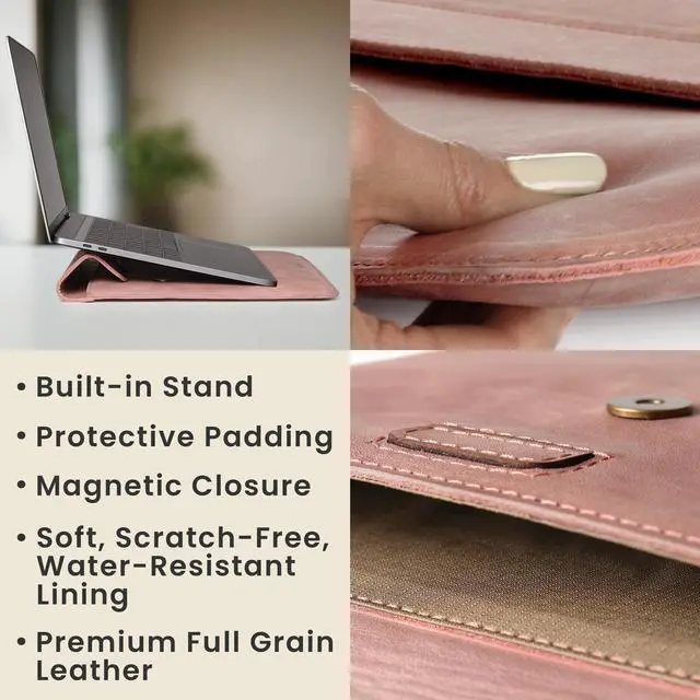 Alt view image 2 of 5 - DAREhue 13" 14" 15" 16" Genuine Full Grain Leather Laptop Sleeve with Built-in Stand & Padding (Fits MacBook Air/Pro & Other 13.3/13.6/14.2/15.6 inch Laptops) (Rose Pink, 15 - 16)