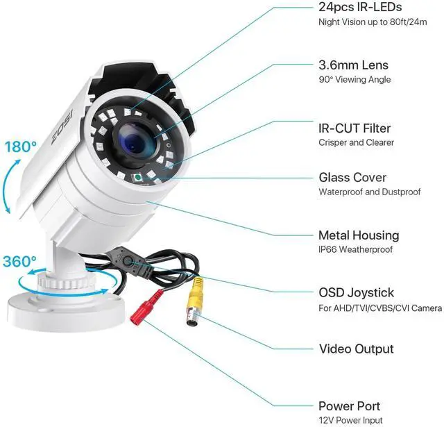 Alt view image 2 of 5 - ZOSI 1080P HD 1920TVL Hybrid 4-in-1 TVI CVI AHD 960H CVBS CCTV Security Camera,80ft Night Vision,2MP Weatherproof Aluminum Metal Bullet Camera for 960H,720P,1080P,5MP,4K Analog Surveillance DVR-White