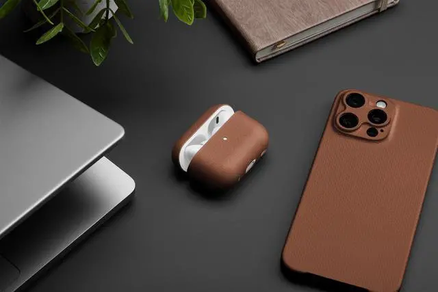 Alt view image 4 of 5 - Latercase for AirPods Pro 3 ^^ Ultra-Thin 0.6mm Aramid Fiber Case ^^ Lightweight 6g Hard Shell Slim Protective Cover ^^ Wireless Charging Compatible ^^ Matte Non-Slip Grip ^^ Tan Cros