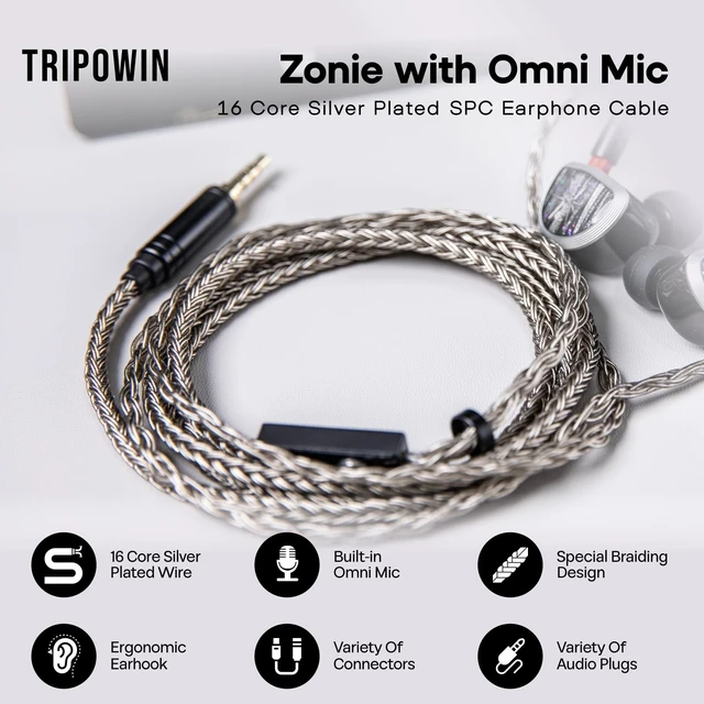 Alt view image 2 of 5 - Linsoul Tripowin Zonie 16-Core Silver-Plated SPC IEM Cble w/Omni Mic