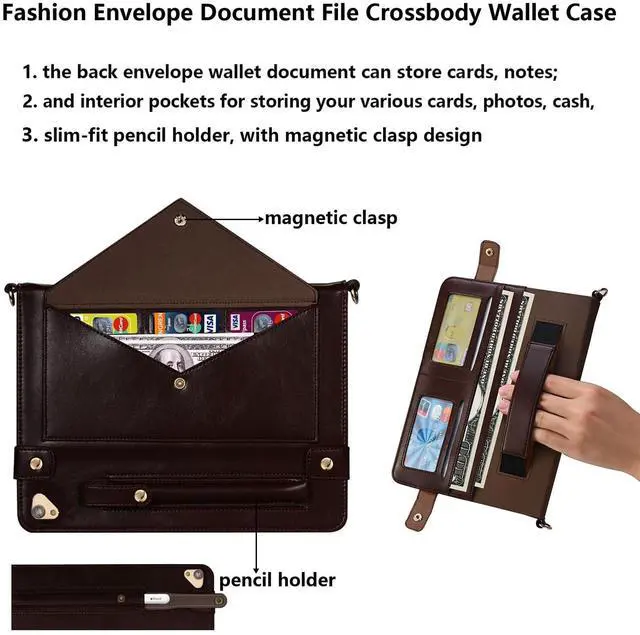 Alt view image 4 of 5 - UUcovers Crossbody Handbag Case for iPad Pro 12.9 inch 2017/2015 Model (2nd/1st Generation) with Pencil Holder/Shoulder Strap/Hand Strap/Stand Envelope Bag Magnetic Wallet Briefcase Cover,Dark Brown