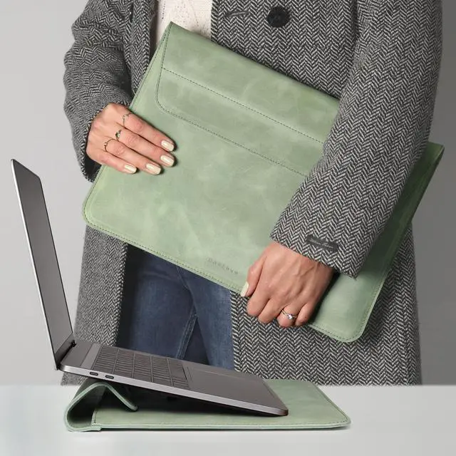 Main image of DAREhue 13" 14" 15" 16" Genuine Full Grain Leather Laptop Sleeve with Built-in Stand & Padding (Fits MacBook Air/Pro & Other 13.3/13.6/14.2/15.6 inch Laptops) (Mint Green, 13 - 14)