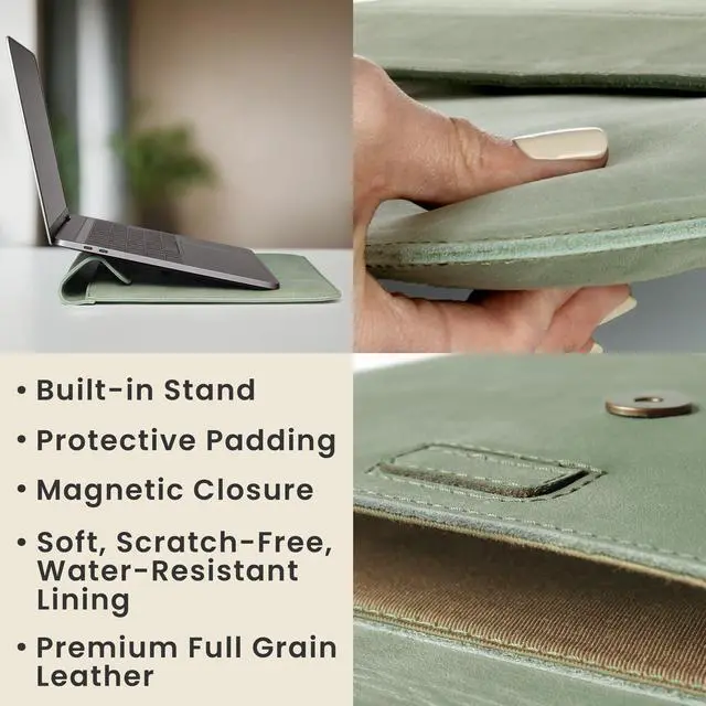 Alt view image 2 of 5 - DAREhue 13" 14" 15" 16" Genuine Full Grain Leather Laptop Sleeve with Built-in Stand & Padding (Fits MacBook Air/Pro & Other 13.3/13.6/14.2/15.6 inch Laptops) (Mint Green, 13 - 14)