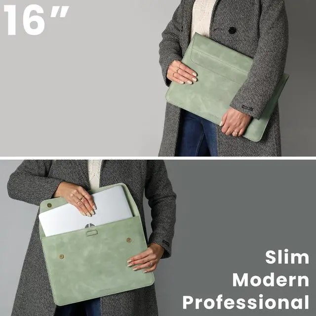 Alt view image 4 of 5 - DAREhue 13" 14" 15" 16" Genuine Full Grain Leather Laptop Sleeve with Built-in Stand & Padding (Fits MacBook Air/Pro & Other 13.3/13.6/14.2/15.6 inch Laptops) (Mint Green, 13 - 14)