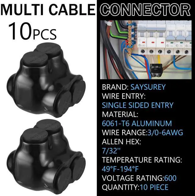Alt view image 2 of 5 - Saysurey 10 Pcs Insulated Multi Cable Connectors 2 Port Single Entry Splice Electrical Power Connector Black Interconnect Terminals Pre Filled (3/0-6 AWG Wire Range)