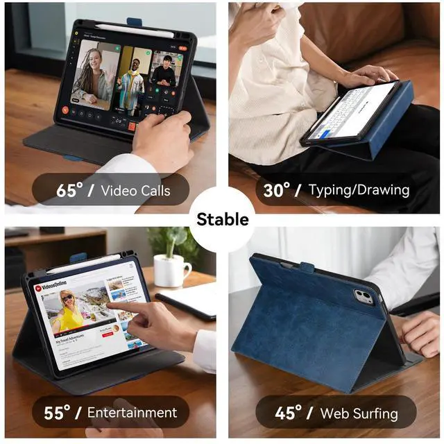 Alt view image 3 of 5 - AsileCuir Handmade Case for iPad Pro 11 Inch (M5/M4) 2025/2024 with Pencil Holder Pocket,Magnetic Closure,Auto Sleep/Wake,Vegan Leather Folio Protective Cover,Multi Angles Stand,Dark Blue