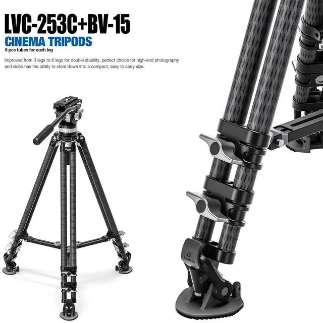 Alt view image 2 of 5 - Leofoto LVC-253C+BV-15 King Kong Series Carbon Fiber Dual Leg Video Tripod w Fluid Head & Middle Spreader