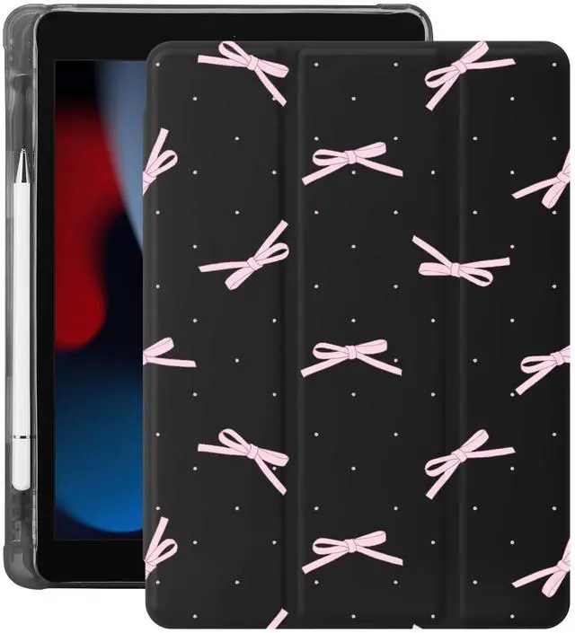 Main image of Idocolors Case for iPad 7th/8th/9th Generation (2019/2020/2021) 10.2", Built-in Pencil Holder with Soft TPU Shockproof Back Shell Auto Wake/Sleep, Pink Bow Knot-Black