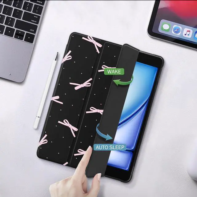 Alt view image 4 of 5 - Idocolors Case for iPad 7th/8th/9th Generation (2019/2020/2021) 10.2", Built-in Pencil Holder with Soft TPU Shockproof Back Shell Auto Wake/Sleep, Pink Bow Knot-Black