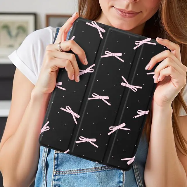 Alt view image 3 of 5 - Idocolors Case for iPad 7th/8th/9th Generation (2019/2020/2021) 10.2", Built-in Pencil Holder with Soft TPU Shockproof Back Shell Auto Wake/Sleep, Pink Bow Knot-Black