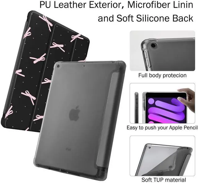 Alt view image 5 of 5 - Idocolors Case for iPad 7th/8th/9th Generation (2019/2020/2021) 10.2", Built-in Pencil Holder with Soft TPU Shockproof Back Shell Auto Wake/Sleep, Pink Bow Knot-Black