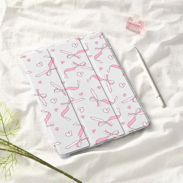 Alt view image 2 of 5 - Idocolors Case for iPad 7th/8th/9th Generation (2019/2020/2021) 10.2", Built-in Pencil Holder with Soft TPU Shockproof Back Shell Auto Wake/Sleep, Pink Bow-White