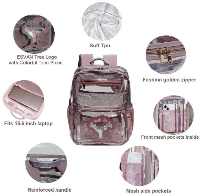 Alt view image 3 of 5 - ESVAN Clear Backpack Transparent Stadium Approved See Through for Middle College Laptop Bag with Leather Trim