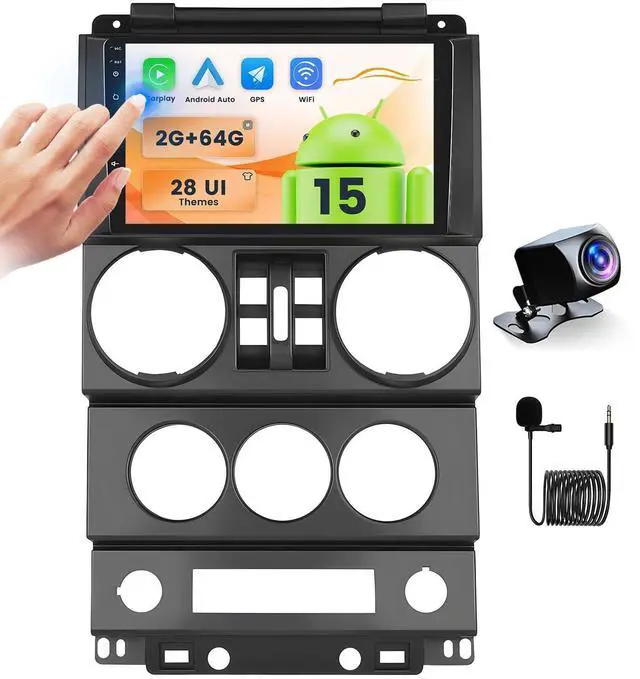 Main image of Fuluku Android 15 Car Stereo 2+64G for Jeep Wrangler (4 Doors) 2007-2010 with Wireless Carplay Android Auto Mirror Link, 9'' Touchscreen Radio WiFi GPS FM RDS Bluetooth SWC Backup Camera Mic
