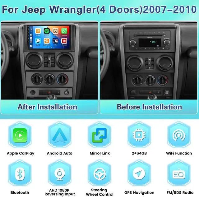Alt view image 2 of 5 - Fuluku Android 15 Car Stereo 2+64G for Jeep Wrangler (4 Doors) 2007-2010 with Wireless Carplay Android Auto Mirror Link, 9'' Touchscreen Radio WiFi GPS FM RDS Bluetooth SWC Backup Camera Mic