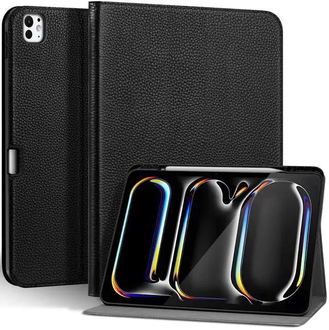 Main image of Thryxop Genuine Leather Case for iPad Pro 13 inch (M5/M4) 2025/2024 with Pencil Holder ^^ Slim Protective Cover with Adjustable Stand, Auto Wake/Sleep, Premium Leather ^^ Black