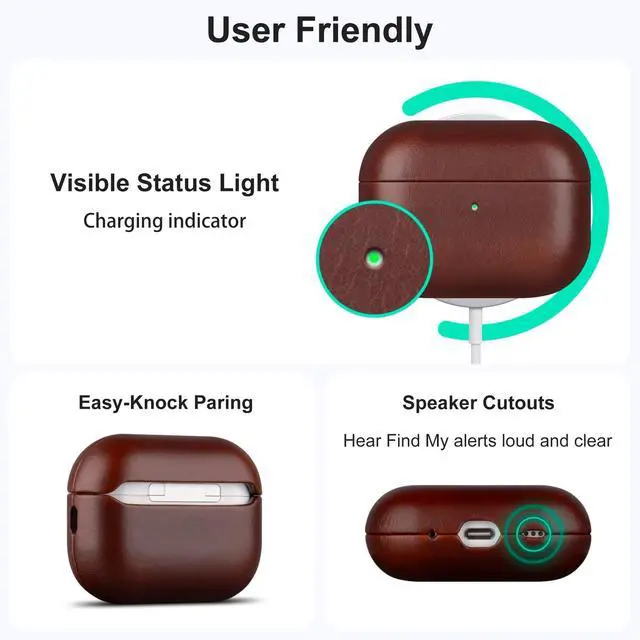 Alt view image 4 of 5 - Maogoam Genuine Leather Case for AirPods Pro 3 (3rd Gen 2025) - Elegant Leather Cover, Adjustable Lanyard, Hard Shell, Develops Patina, Wireless Charging, for Fashion & Luxury Lovers,
