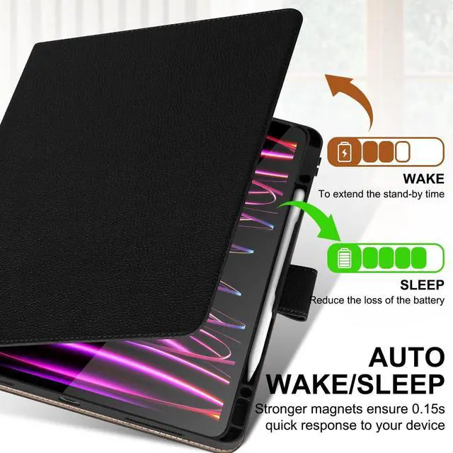 Alt view image 3 of 5 - Thryxop Genuine Leather Case for iPad Pro 13 inch (M5/M4) 2025/2024 with Pencil Holder ^^ Slim Protective Cover with Adjustable Stand,Magnetic Closure,Auto Wake/Sleep, Premium Leather ^^ Black