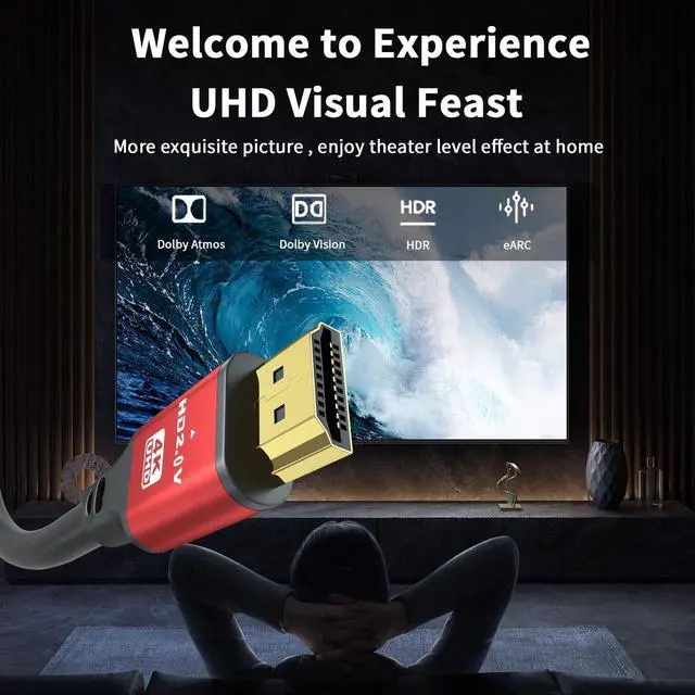 Alt view image 3 of 5 - jojobnj HDMI Cable 100ft, 4K@60Hz, 18Gbps High Speed HDMI 2.0 Cord, Ultra HD,Ethernet Audio Return,Video 4K,1080p,3D,Arc, HDR Compatible with Xbox,PS5/PS4,HDTV,Laptop ect(Red)