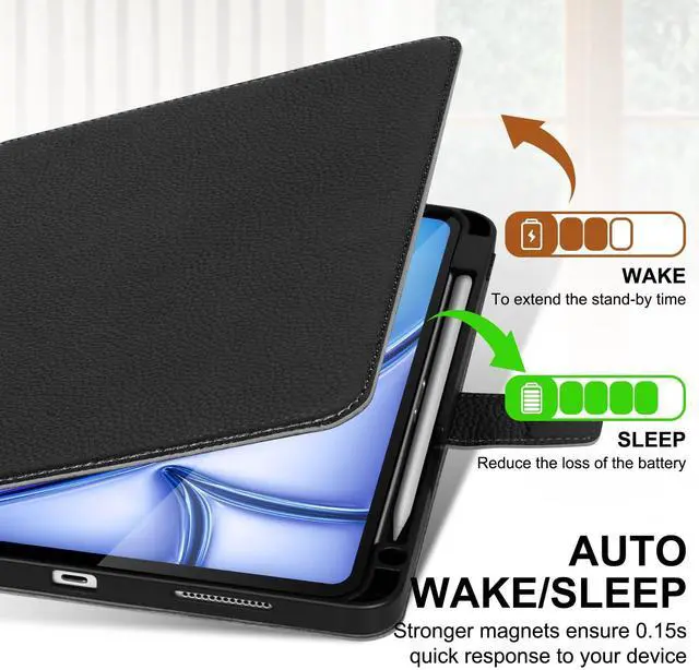 Alt view image 3 of 5 - Thryxop Genuine Leather Case for iPad Air 11" M4 2026/M3 2025/M2 2024, 5th/4th Gen 10.9" ^^ with Pencil Holder and Adjustable Stand, Magnetic Closure, Auto Wake/Sleep Cover ^^ Black