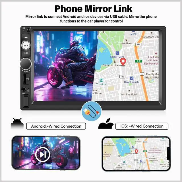 Alt view image 4 of 5 - Double Din A-pple CarPlay Car Stereo with Carplay Android Auto,Bluetooth,7" HD Touchscreen 2 Din Car Radio Car Multimedia MP5 Player AUX/USB/TF Card Input Mirror Link,FM,SWC+12 LEDs-Backup Cam Mic USB