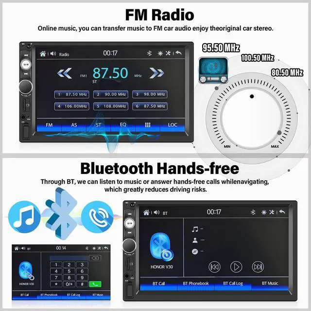 Alt view image 3 of 5 - Double Din A-pple CarPlay Car Stereo with Carplay Android Auto,Bluetooth,7" HD Touchscreen 2 Din Car Radio Car Multimedia MP5 Player AUX/USB/TF Card Input Mirror Link,FM,SWC+12 LEDs-Backup Cam Mic USB